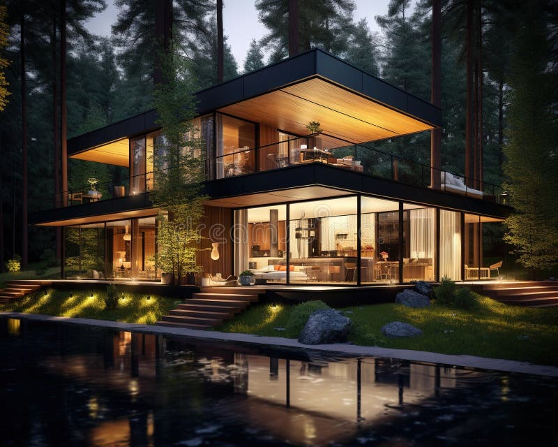 Modern house in a forest is warm. vector illustration
