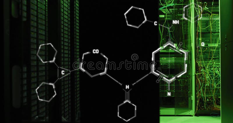 Image of molecule structures over illuminated server room in background royalty free stock photo