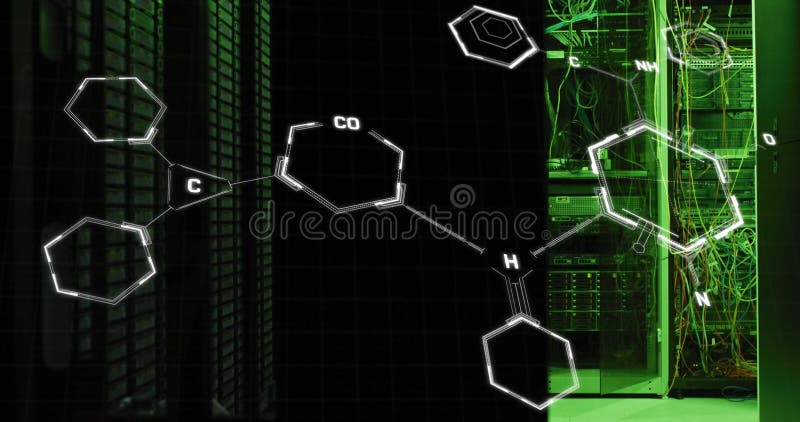 Image of molecule structures over illuminated server room in background stock photo