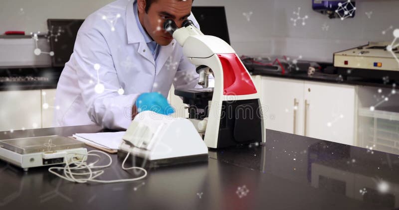 Image of molecules and data processing over biracial male scientist working at microscope royalty free stock photos