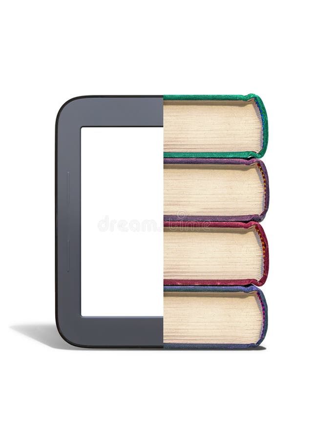 Half Books and Half Electronic Book with White Screen and Shadow Stock