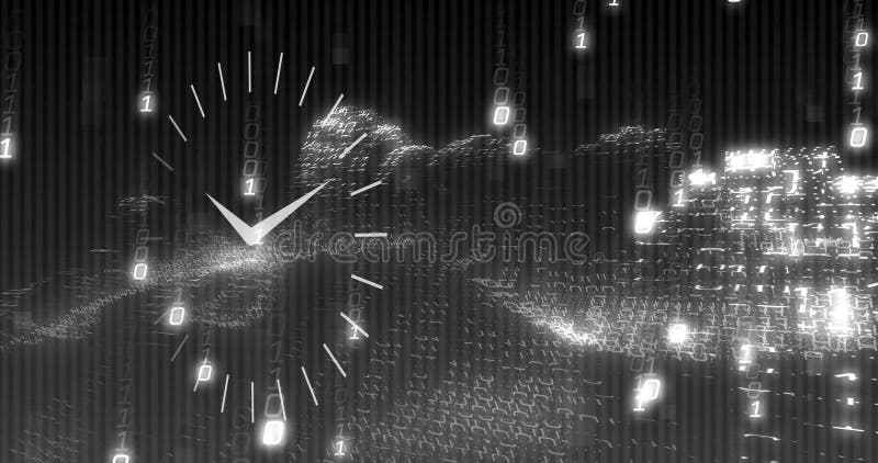 Image of moving clock over network of connections on black background. Global technology, computing, connections and digital interface concept digitally generated image.