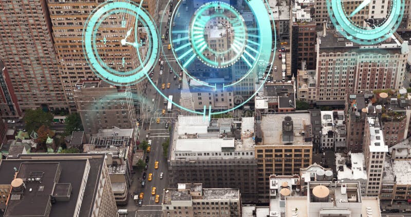 Image of moving clocks and scope scanning over cityscape royalty free stock photos
