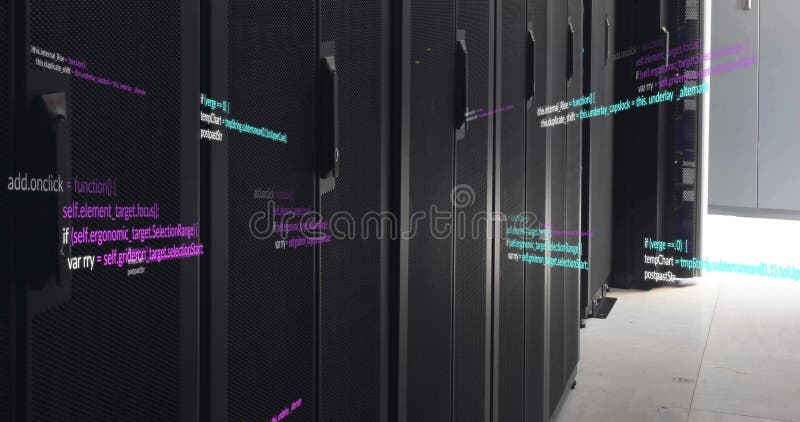 Image of multicolored computer programming language over data server room vector illustration