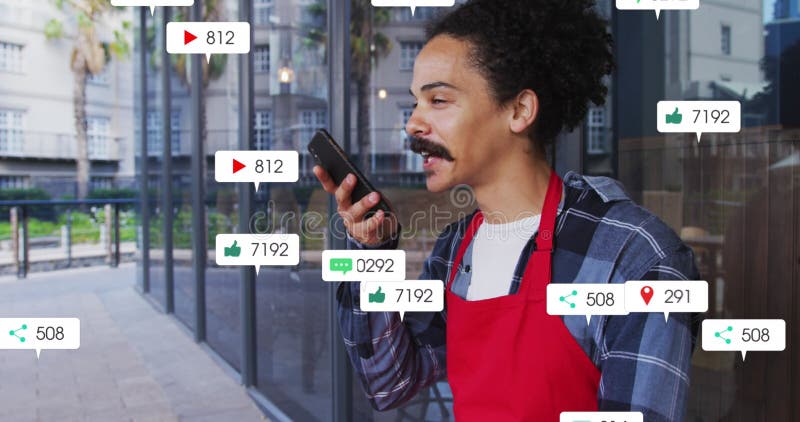 Image of multiple notification bars over biracial man talking on speaker of cellphone stock photos