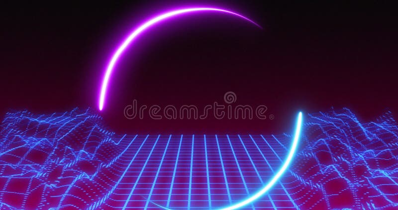 Image of neon circular scanner processing over blue grid landscape moving on black background vector illustration