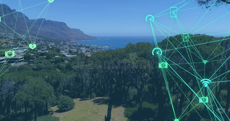 Image of network of connections data processing over landscape. Global business, finances, computing and data processing concept digitally generated image. Blockchain network analysis stock images, royalty-free photos and pictures