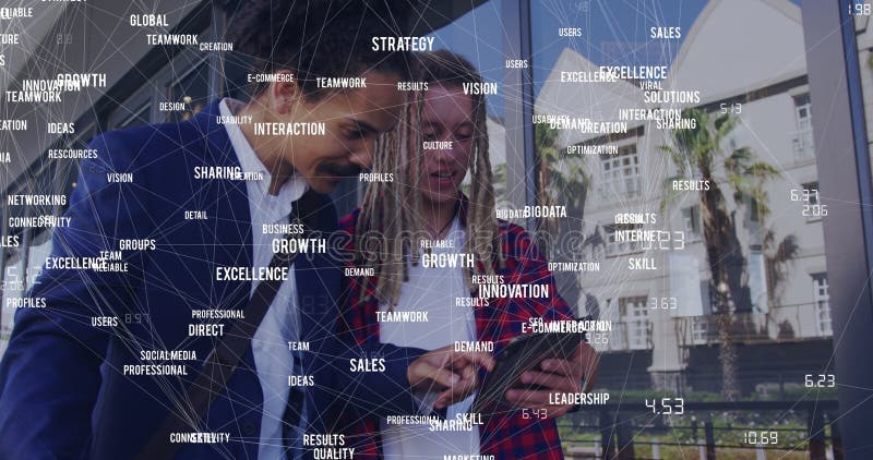 Image of network of connections with icons over men using tablet stock photos