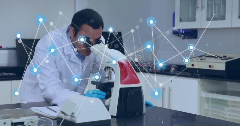 Image of network of connections over biracial male scientist in laboratory stock photo
