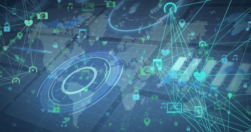 Image of Network of Connections Over World Map and Processing Circle ...