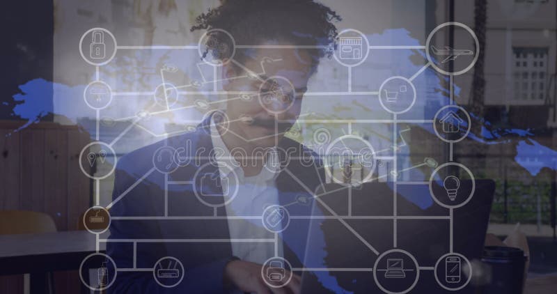 Image of network of connections with world map over african american man using laptop stock photos