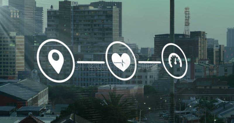 Image of network of gps, health and data loading icons over modern cityscape