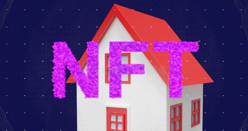 Image of nft text and house on blue background vector illustration