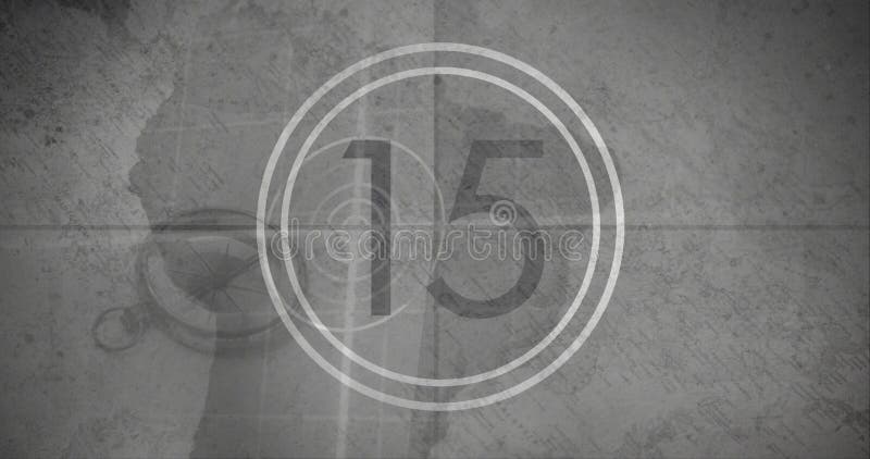 Image of number 15 in white circle over grey world map with circular scanner and compass vector illustration