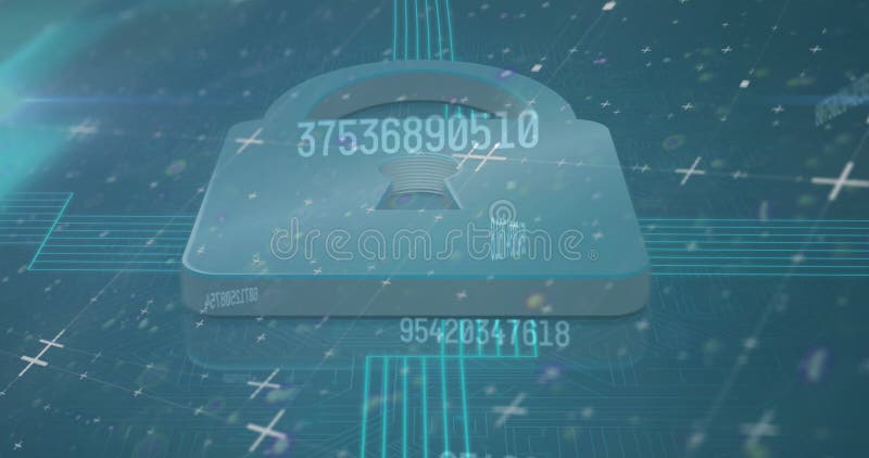Image of numbers changing over online security padlock in background stock illustration