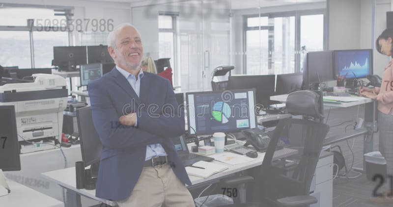 Image of numbers floating, a happy man standing in an office vector illustration