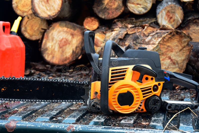 Yellow chainsaw stock photo. Image of yellow, work, white 17509412