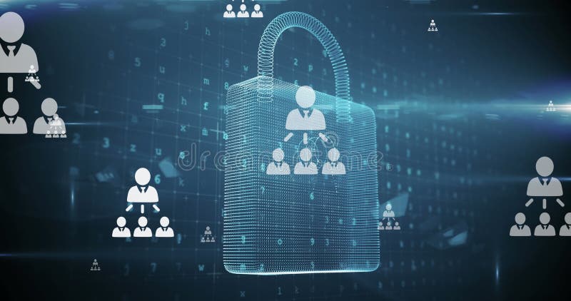 Image of online security padlock, people icons and data processing stock illustration