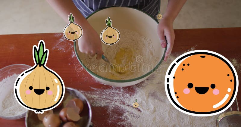 Image of orange and onion icons over caucasian woman cooking. Family, food and digital interface concept digitally generated image.