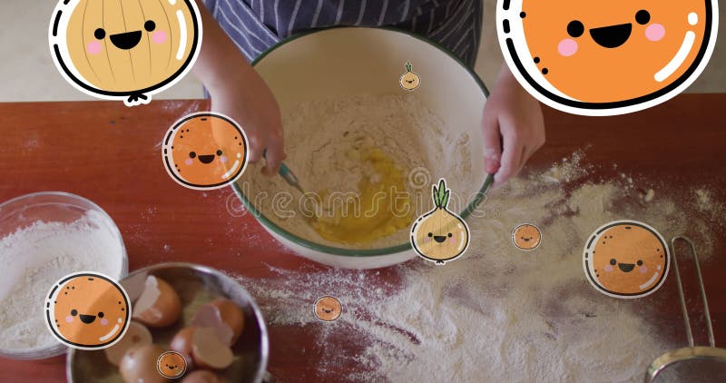 Image of orange and onion icons over caucasian woman cooking. Family, food and digital interface concept digitally generated image.