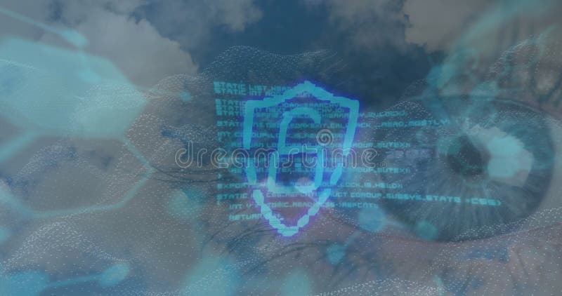 Image of padlock and data processing over blue eye vector illustration