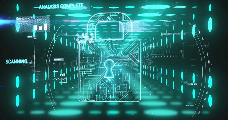 Image of padlock and data processing over neon tunnel vector illustration