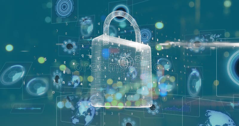 Image of padlock and data processing over road stock illustration