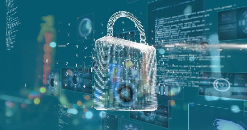 Image of padlock and data processing over road stock illustration