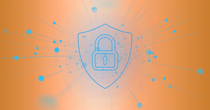Image of padlock icon and network of connections over orange background vector illustration