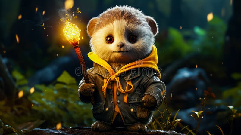 Image of panda bear holding lite up wand. Generative AI. AI generated