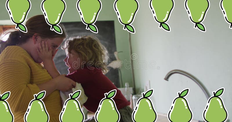 Image of pear icons over caucasian woman with son in kitchen. Family, food and digital interface concept digitally generated image.