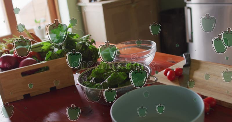 Image of pepper icons over vegetables in bowls. Family, food and digital interface concept digitally generated image.