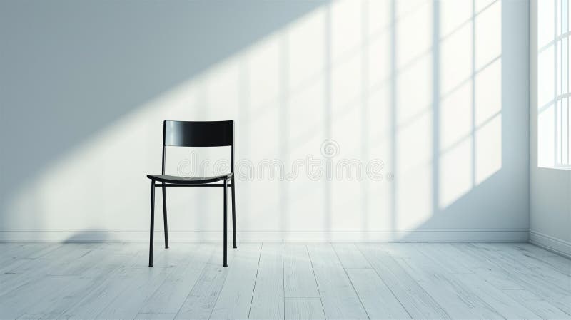 Image photographique d'une chaise noire vide dans une pièce minimaliste à la lumière naturelle douce et ombres photo stock