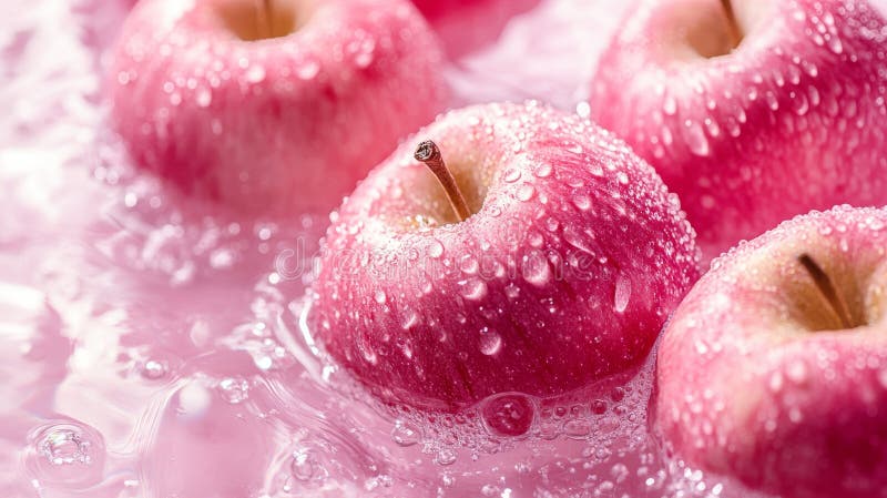 The image of pink apples floating in fizzy water with sunlight is from a food ad royalty free stock image