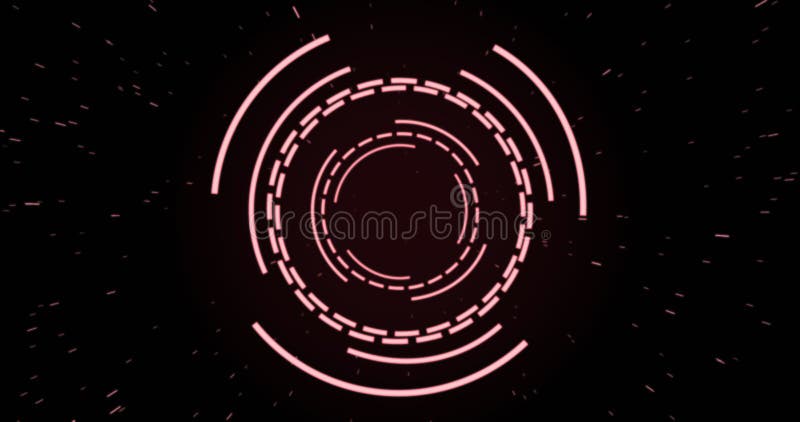 Image of pink circular interfaces pulsating and spinning over specks on black background vector illustration