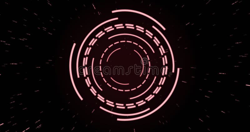 Image of pink circular interfaces pulsating and spinning over specks on black background royalty free illustration