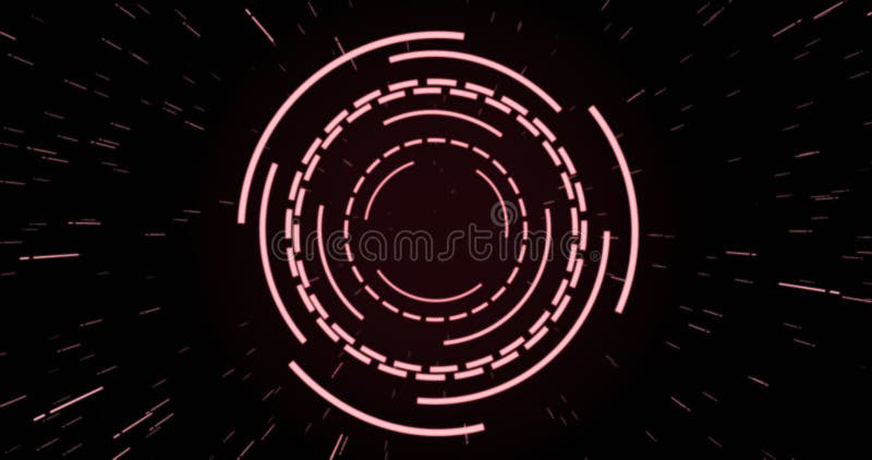 Image of pink circular interfaces pulsating and spinning over specks on black background stock illustration