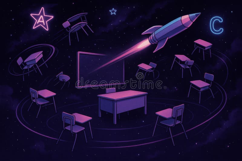 Classroom transformed into a cosmic journey with rocket and stars during a creative lesson royalty free illustration