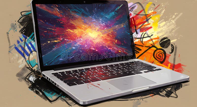 Image of a portable computer (laptop) with a stunning futuristic visual effect on its screen vector illustration