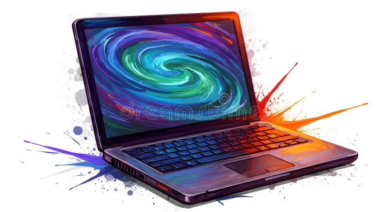 Image of a portable computer (laptop) with a stunning futuristic visual effect on its screen royalty free illustration