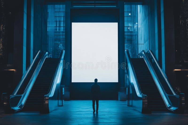 The image portrays a dimly lit tunnel with an escalator, neon lights, an ad light box, mocap, and light beams. royalty free stock photo