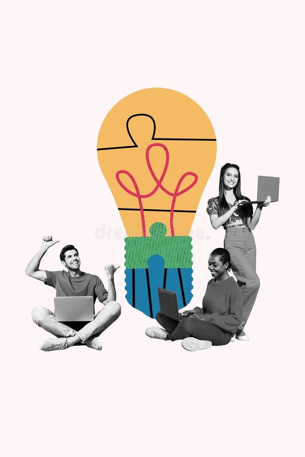 Image poster pop banner collage of happy business partners hold laptop stand light bulb idea development statistics royalty free stock photos