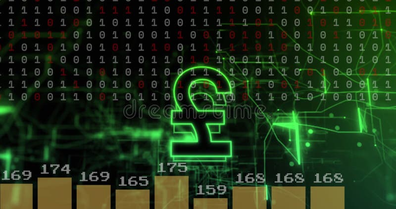 Image of pound currency sign and financial data processing over binary coding stock image