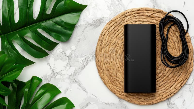 A black rectangular charger is placed on a woven placemat. royalty free stock images