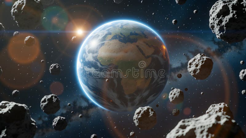 Cosmic Collision: Earth in Asteroid Swarm vector illustration