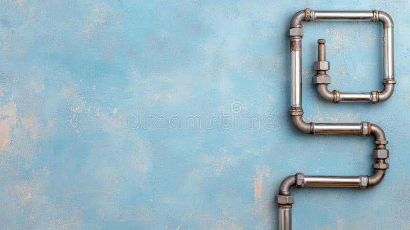 A weathered blue wall with a metal pipe running along it. royalty free stock photo