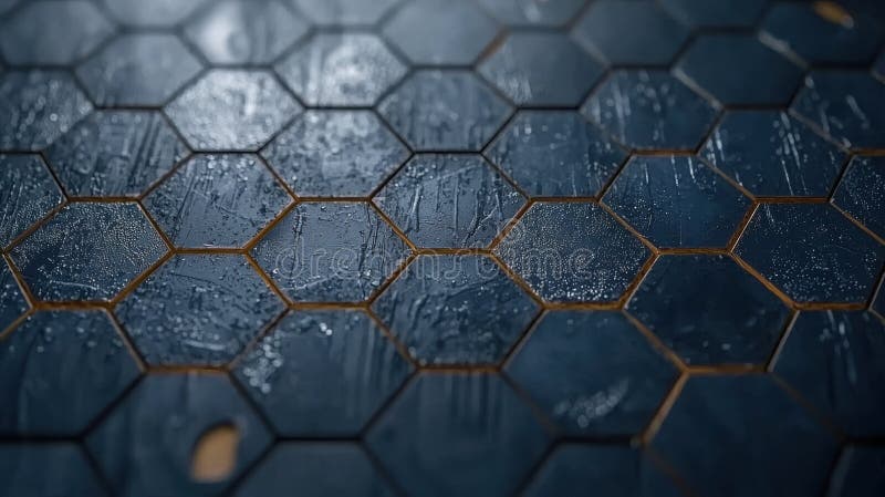 A close-up view of a dark blue hexagonal tile with a textured surface and a subtle pattern. stock photos