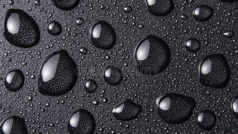 A close-up view of a black surface with numerous water droplets of varying sizes. royalty free stock images