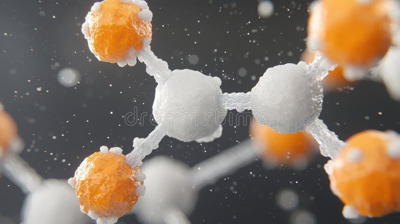 A 3D rendering of a molecular structure with orange spheres and white spheres connected by white lines. vector illustration