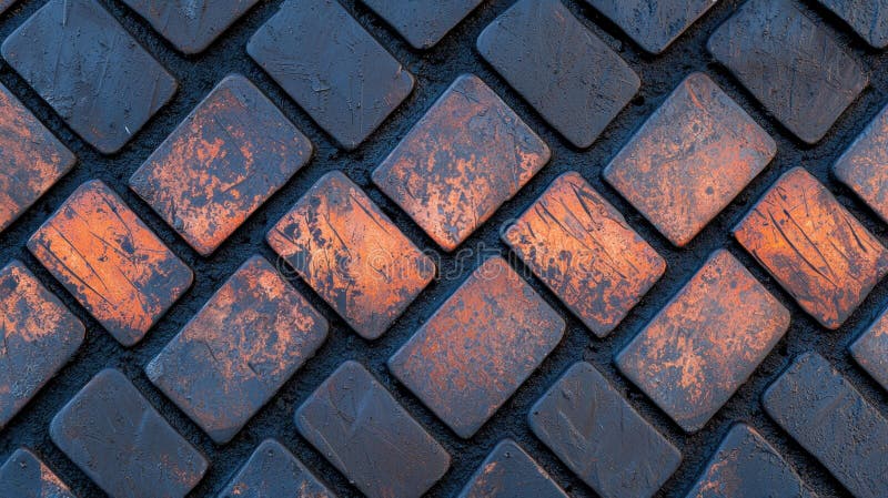 A close-up view of a textured surface with a repeating pattern of dark blue and orange squares. royalty free stock photos
